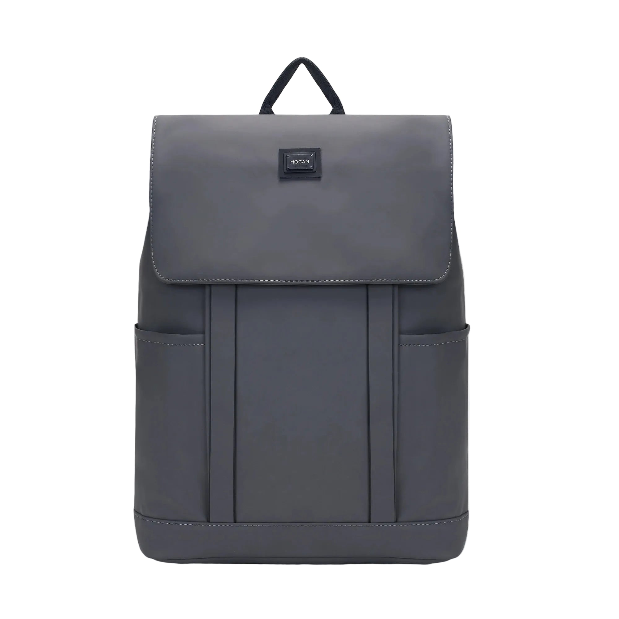 Gray backpack with a visible brand label on a light gray background