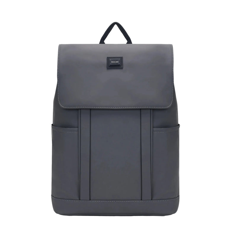Gray backpack with a visible brand label on a light gray background