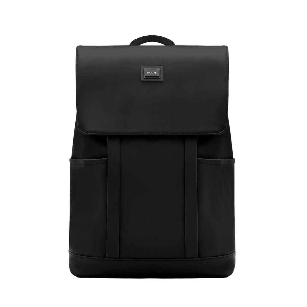 Black backpack on a light gray background